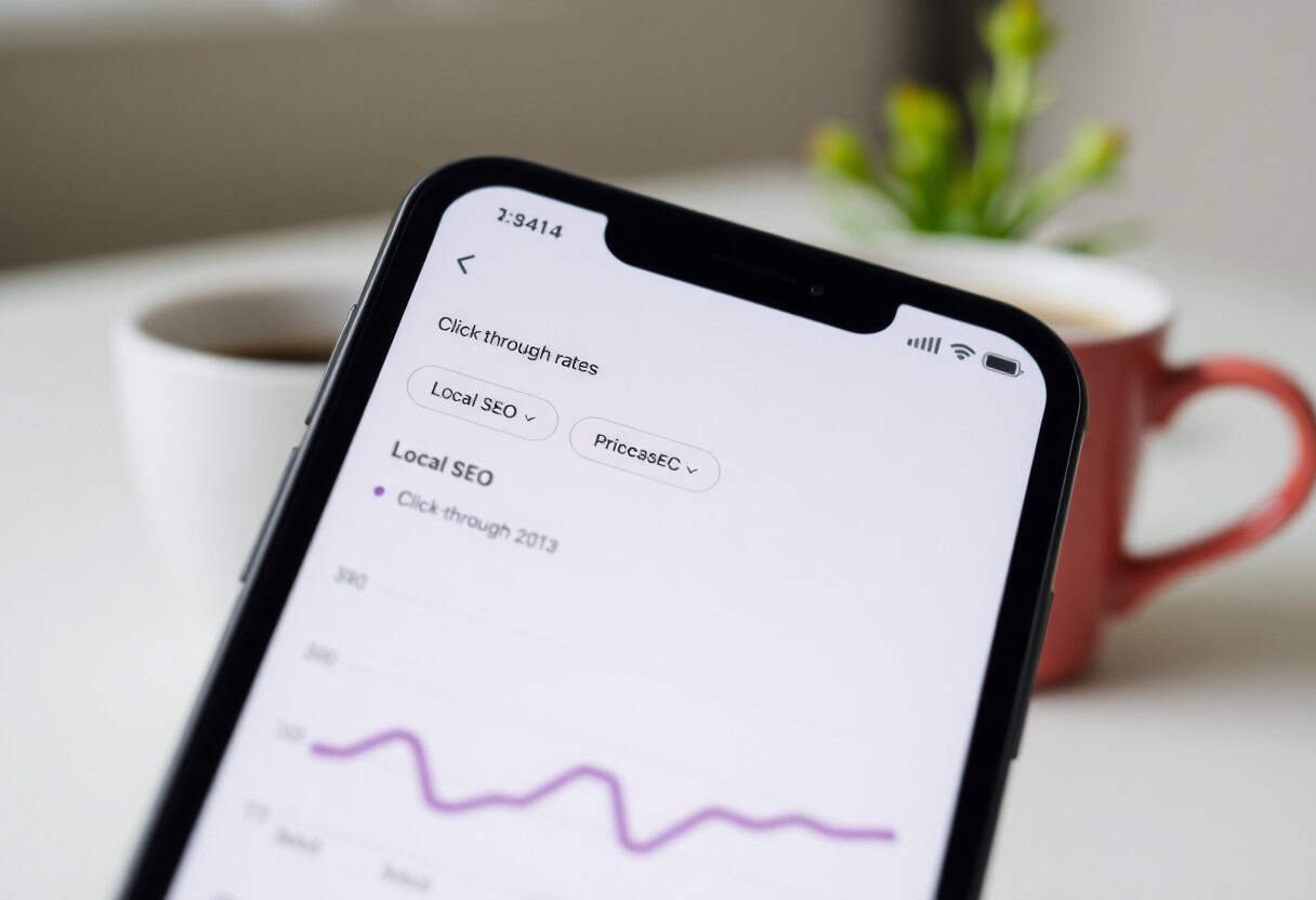 A smartphone displays a graph labeled Click-through rates for Local SEO and AI search optimization, showing data trends. In the blurred background, two cups and a small green plant rest on a white surface.