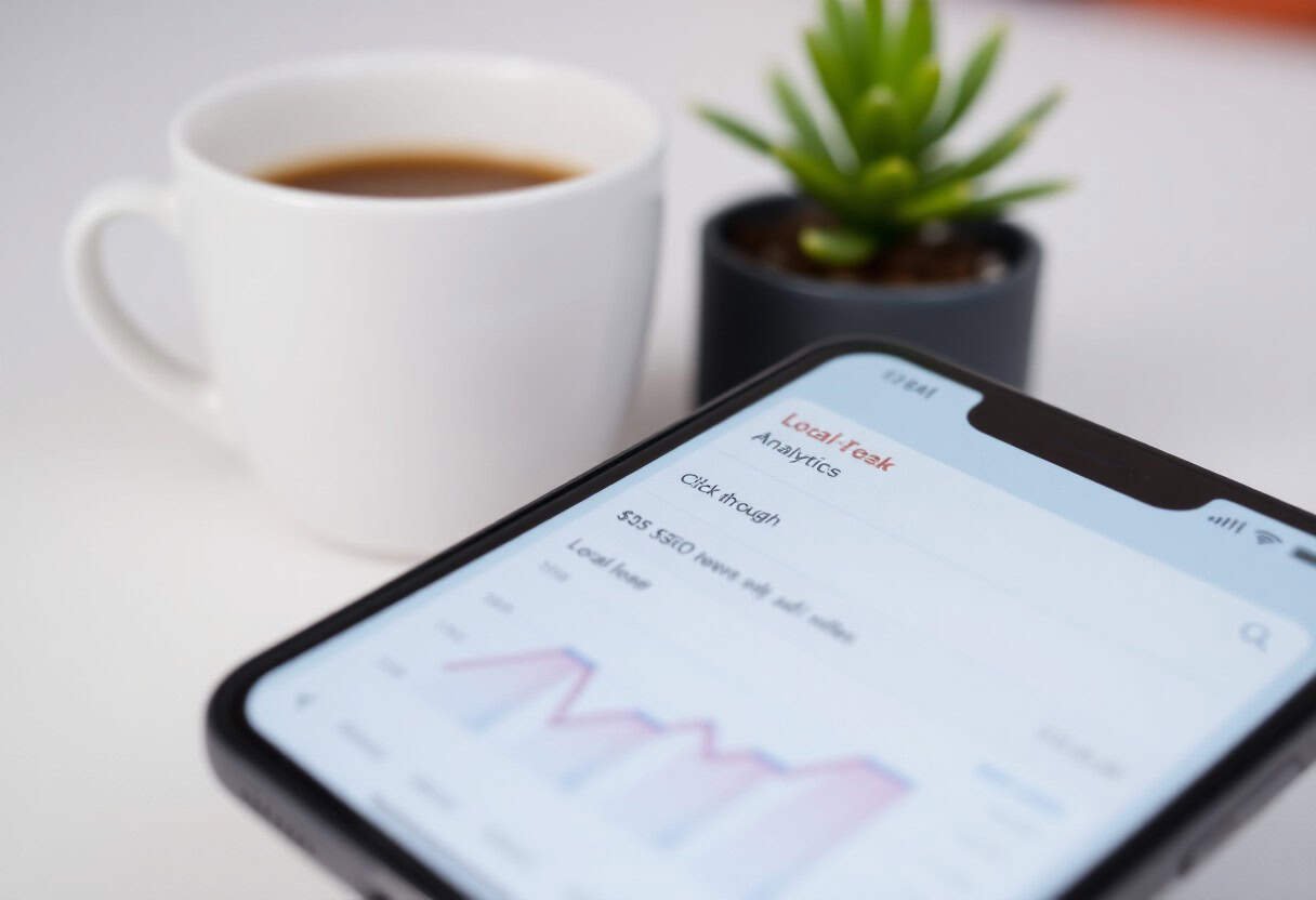 A smartphone displaying website analytics with a graph, highlighting local SEO and AI search optimization, is placed on a white surface next to a white coffee cup and a small green potted plant.