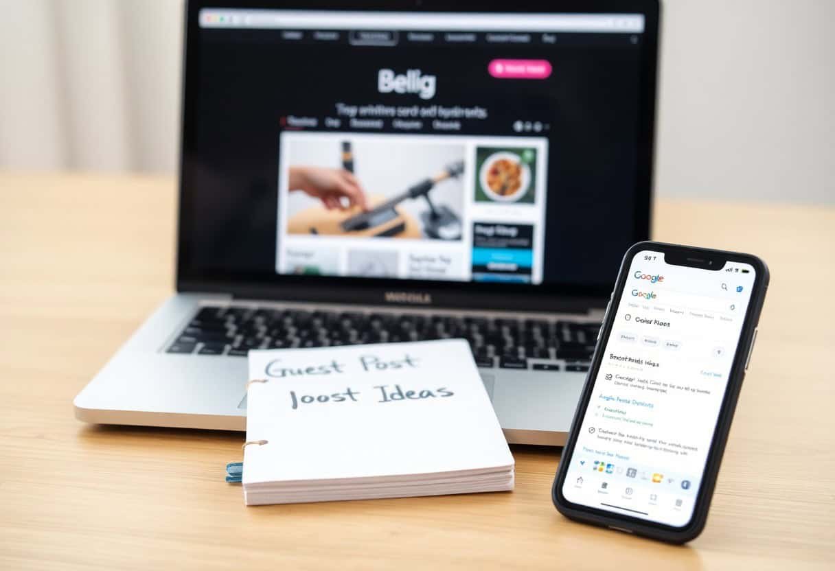 A laptop displaying a website, a smartphone showing Google search results, and a notepad labeled Guest Post Blog Ideas sit on a wooden desk—perfect tools for local SEO and AI search optimization strategies.