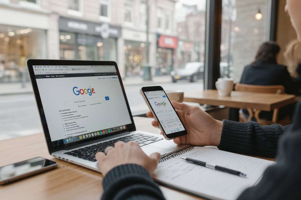 Google search engine on laptop and smartphone showcasing local SEO strategies with AI search optimization and local SEO improvement techniques.