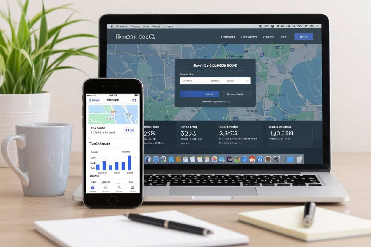 Optimized local SEO and AI search interface on laptop and smartphone demonstrating local SEO optimization and AI search optimization strategies for better online visibility.