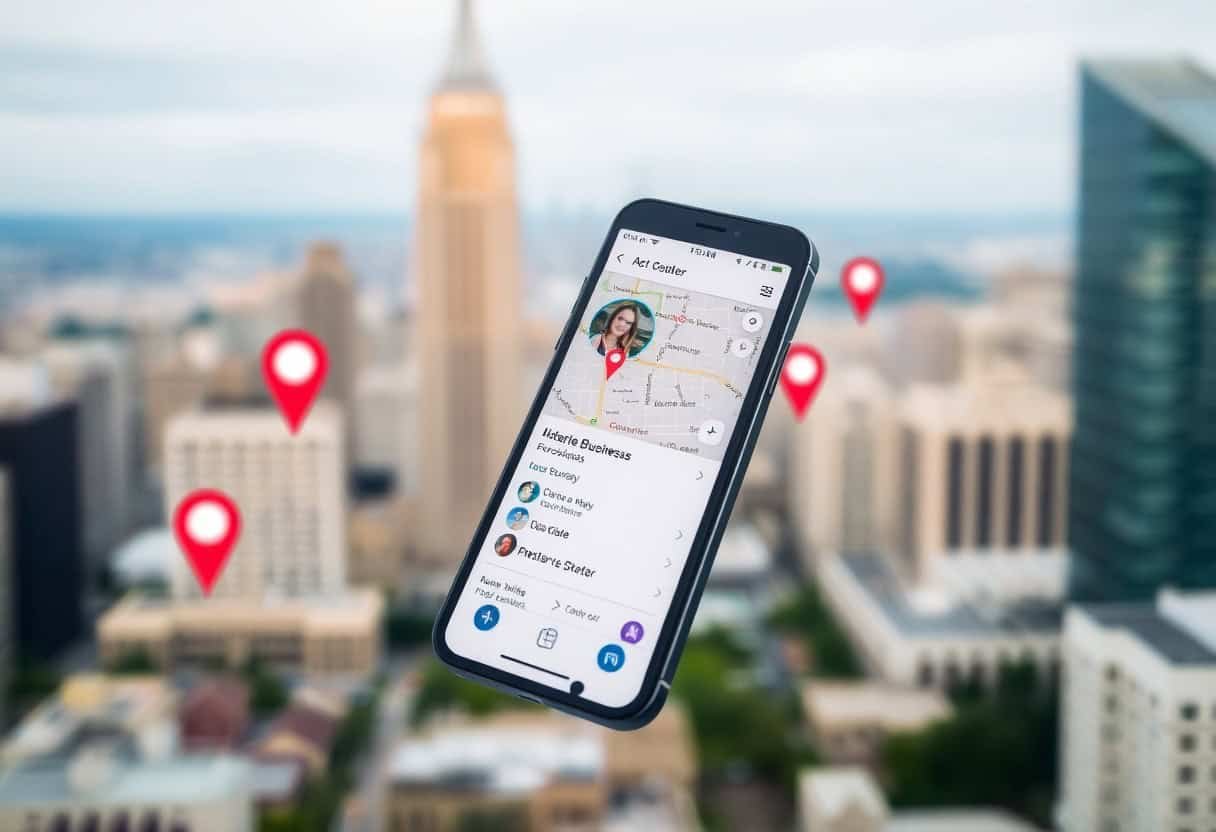 A smartphone displaying a location-sharing app floats above a blurred cityscape, with red map pins marking various spots—perfect for showcasing local SEO without physical location in the digital landscape.