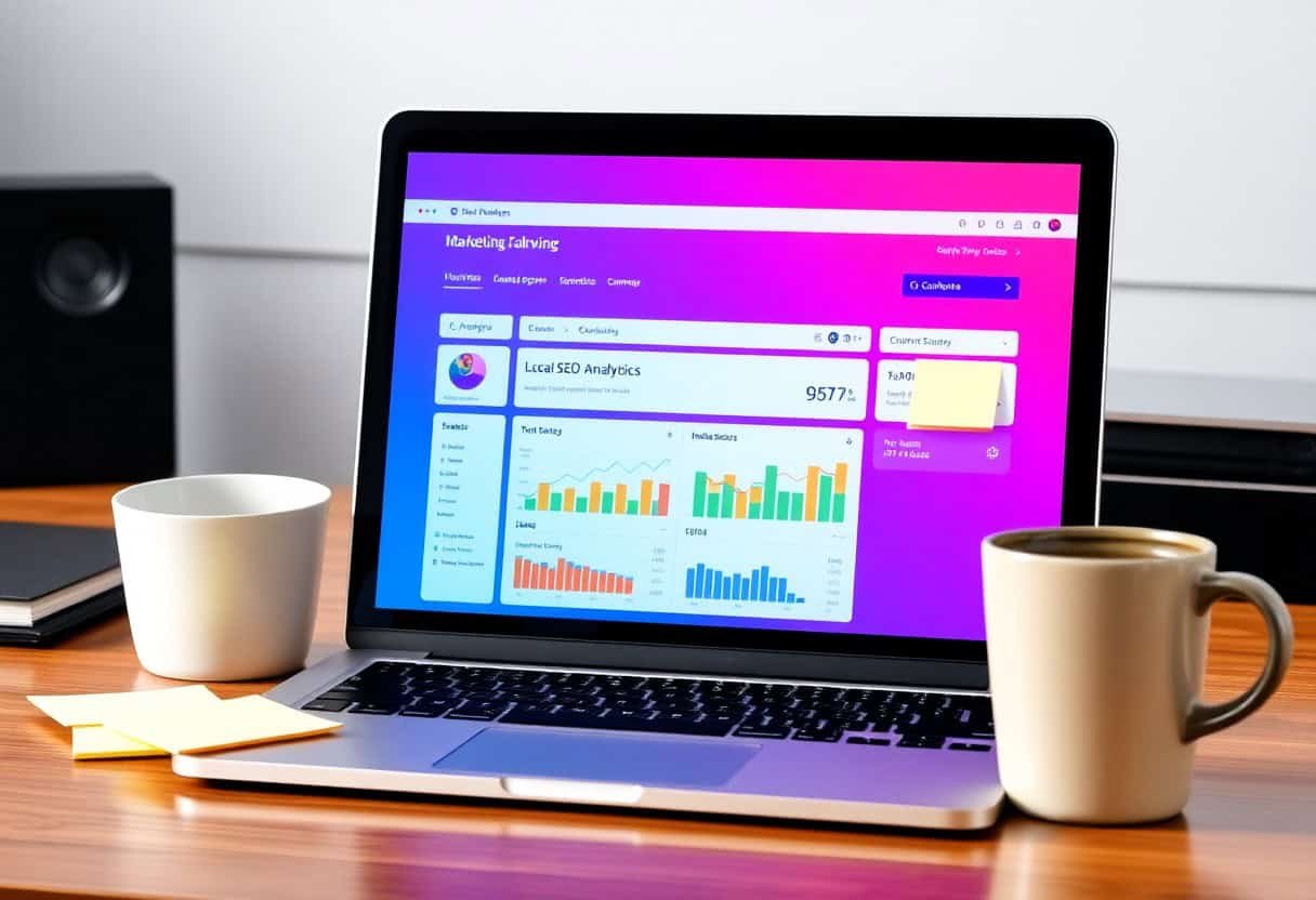 A laptop on a desk displays a colorful marketing analytics dashboard with graphs and data. Two coffee cups and sticky notes are nearby, creating a workspace setting focused on local SEO without physical location.