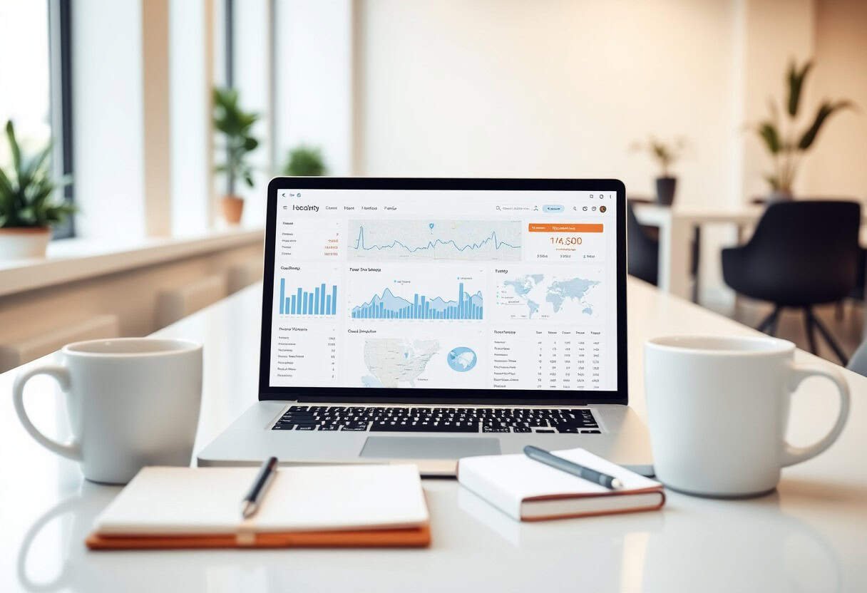 A laptop displaying analytical charts and graphs sits on a table with two white coffee mugs, a notebook, and a pen in a bright office with plants and chairs in the background.