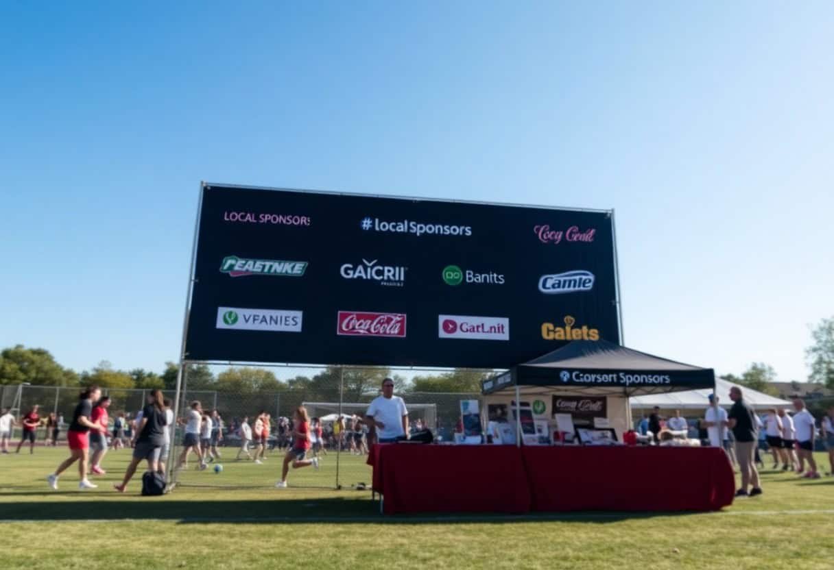 People gather at an outdoor event near a tent and a large sponsor banner displaying various local business logos, highlighting the importance of local SEO and AI search optimization under a clear sky.