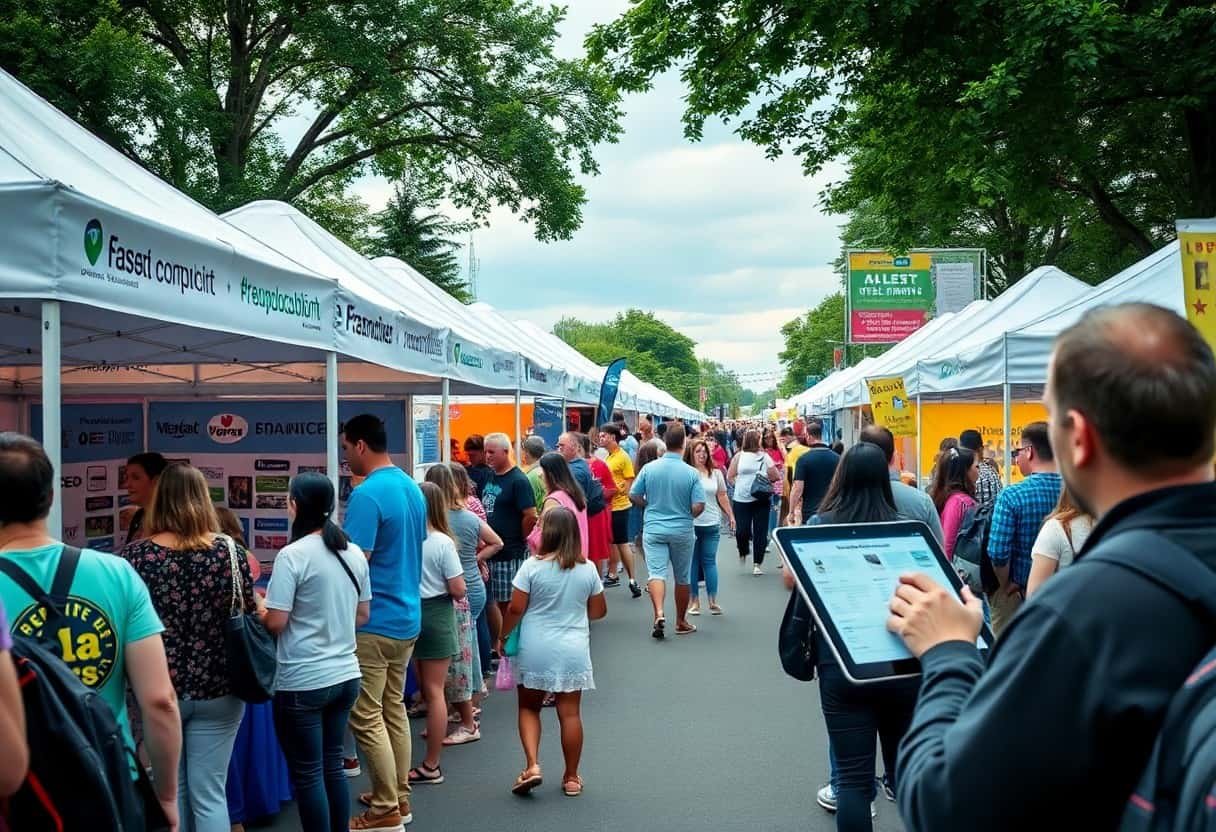 A crowd walks between rows of white vendor tents at an outdoor fair on a tree-lined street, with people browsing booths—perfect for businesses to boost local SEO and AI search optimization as visitors use devices to discover vendors nearby.