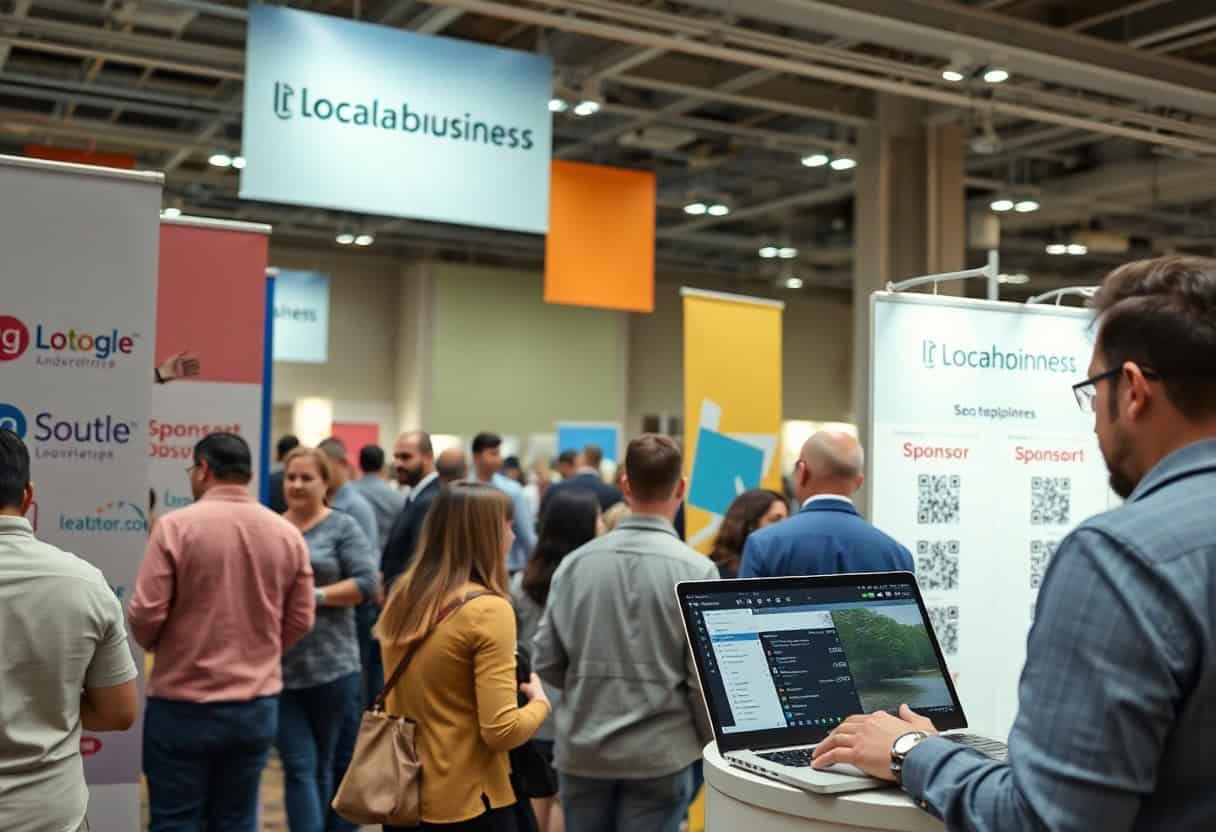 A group of people networking at a business expo with colorful banners and sponsor signs. A man in the foreground works on a laptop near a booth labeled Localabusiness, discussing local SEO and AI search optimization strategies.