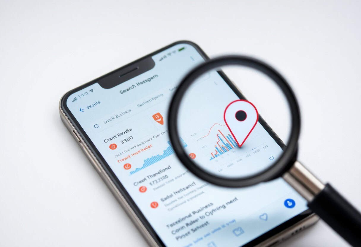 A smartphone displays a data analytics app with graphs and statistics. A magnifying glass is held over the screen, highlighting a red location pin icon on one of the charts.