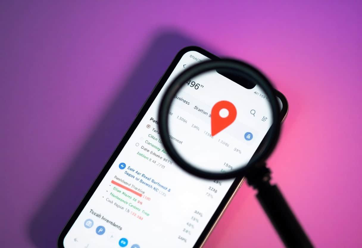 A magnifying glass hovers over a smartphone screen displaying a map location pin icon, hinting at AI click-through manipulation to boost local rankings, with text and colorful charts visible beneath on a purple-pink gradient background.