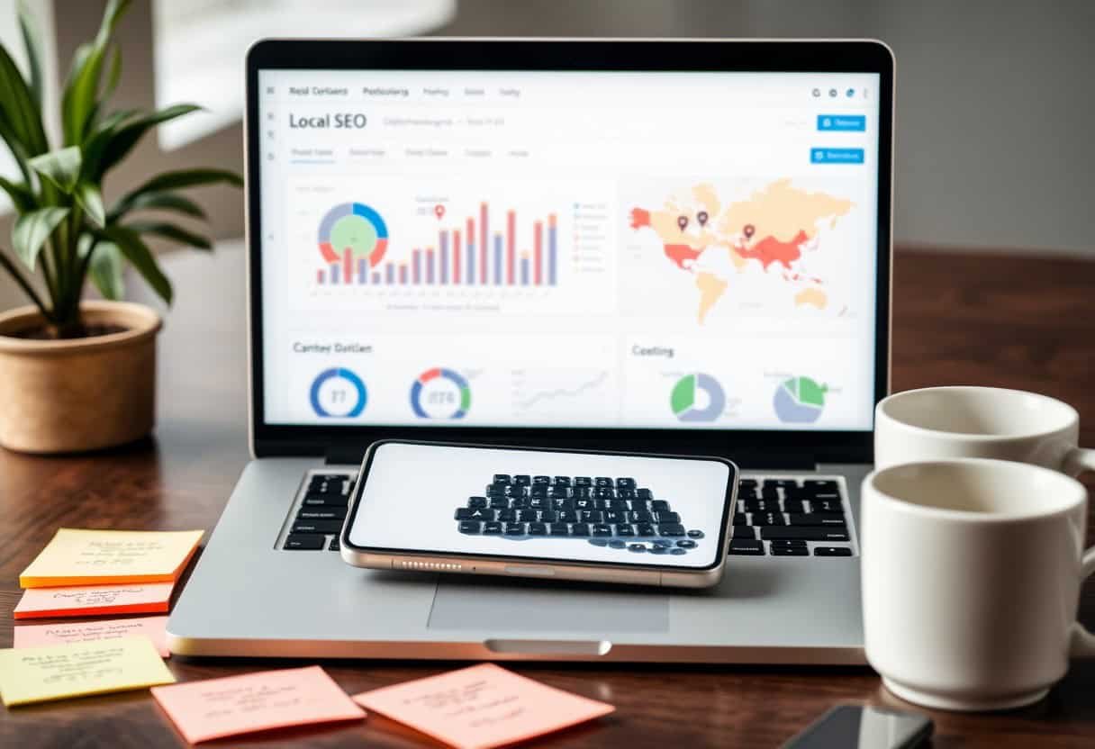 A laptop displaying local SEO analytics dashboards—highlighting AI click-through manipulation for local rankings—sits on a desk with colorful sticky notes, a smartphone, two white coffee mugs, and a potted plant.