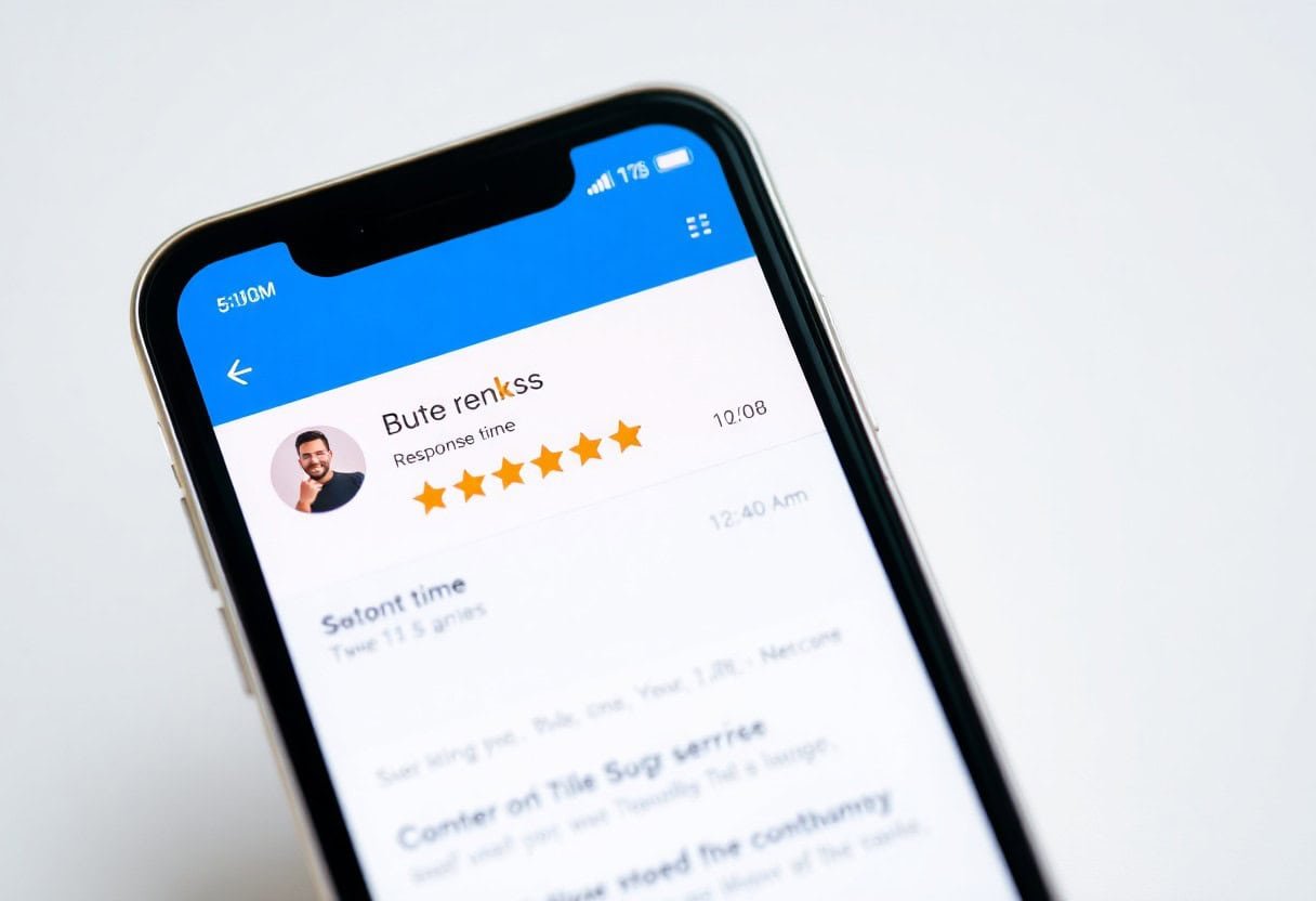 Five-star customer review displayed on a smartphone screen showcasing local SEO and reputation management services by Droved, emphasizing positive feedback and high response ratings.