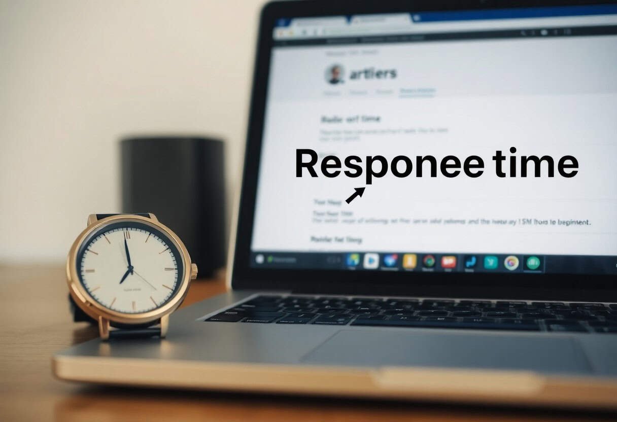 Response time for customer inquiries on a laptop screen showing email inbox with a focus on "Response time" text, beside a wristwatch, representing efficient digital communication.
