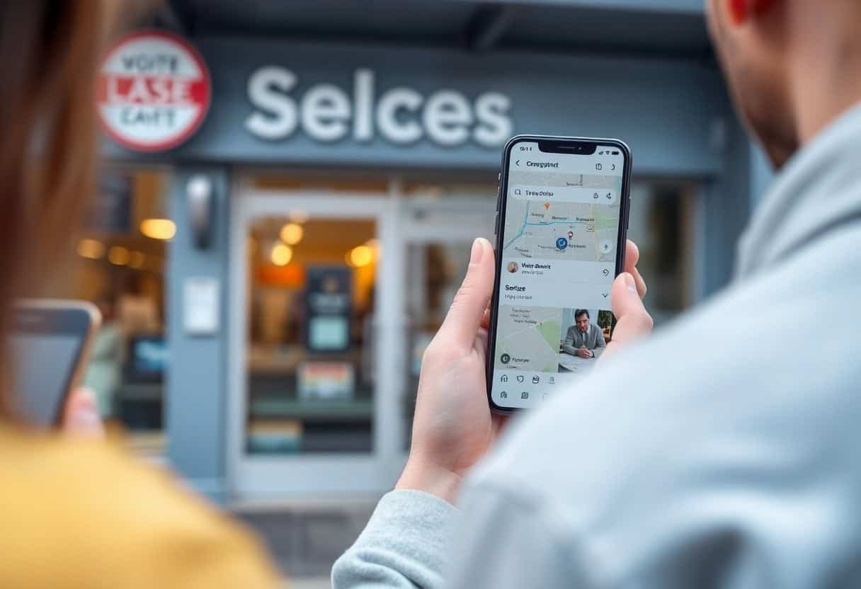 A person holds a smartphone displaying a map and ai search results outside a storefront with a blurred "Selces" sign, while another person with a phone stands nearby—highlighting the impact of local seo on discovering businesses.