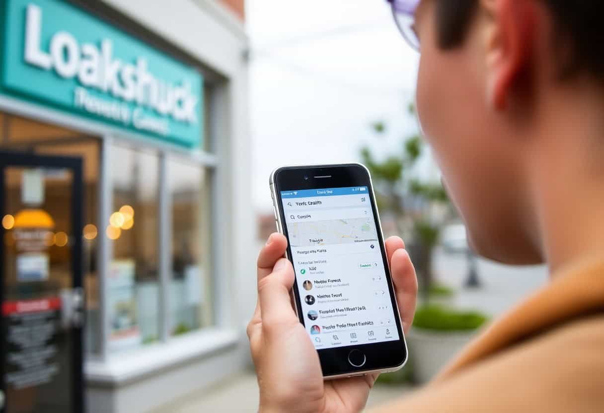 A person holds a smartphone displaying the Facebook Messenger app outside a storefront with a sign reading Loakshwick Thrifty Clothing, highlighting the role of local SEO in connecting shops to customers. The shop entrance and street appear in the background.