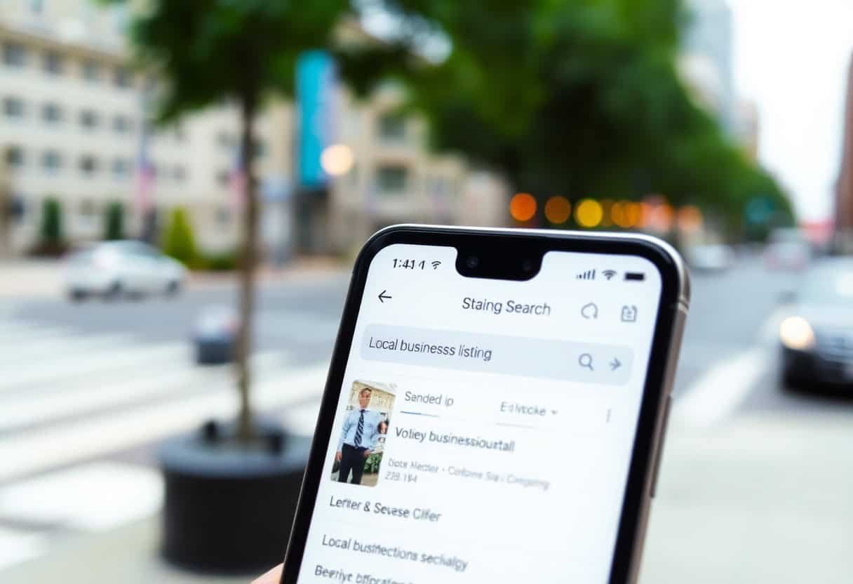 A hand holds a smartphone showing a local SEO search for business listings, with a blurry city street and crosswalk in the background.