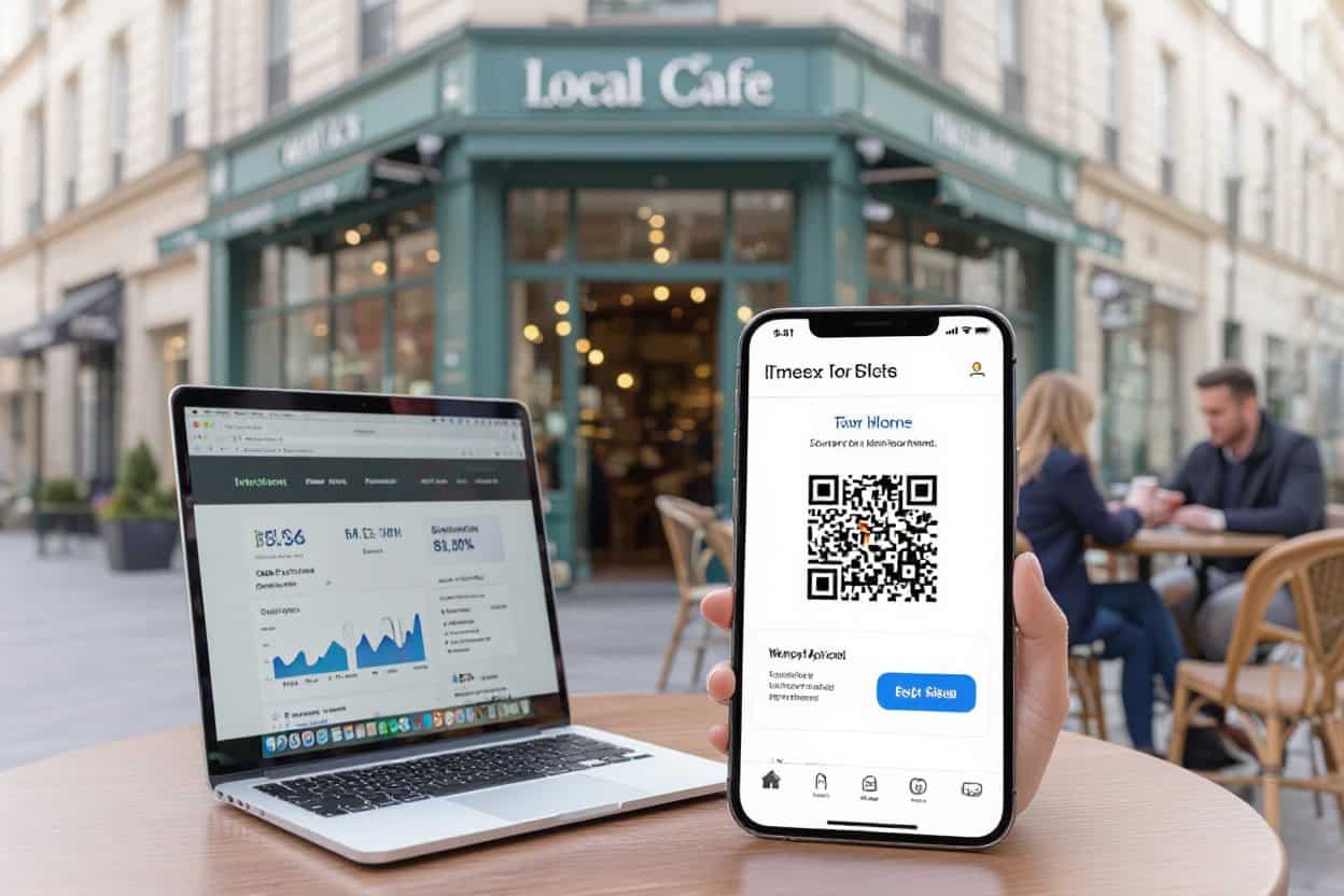 QR code digital marketing for local SEO and AI search optimization on mobile devices outside a cafe.