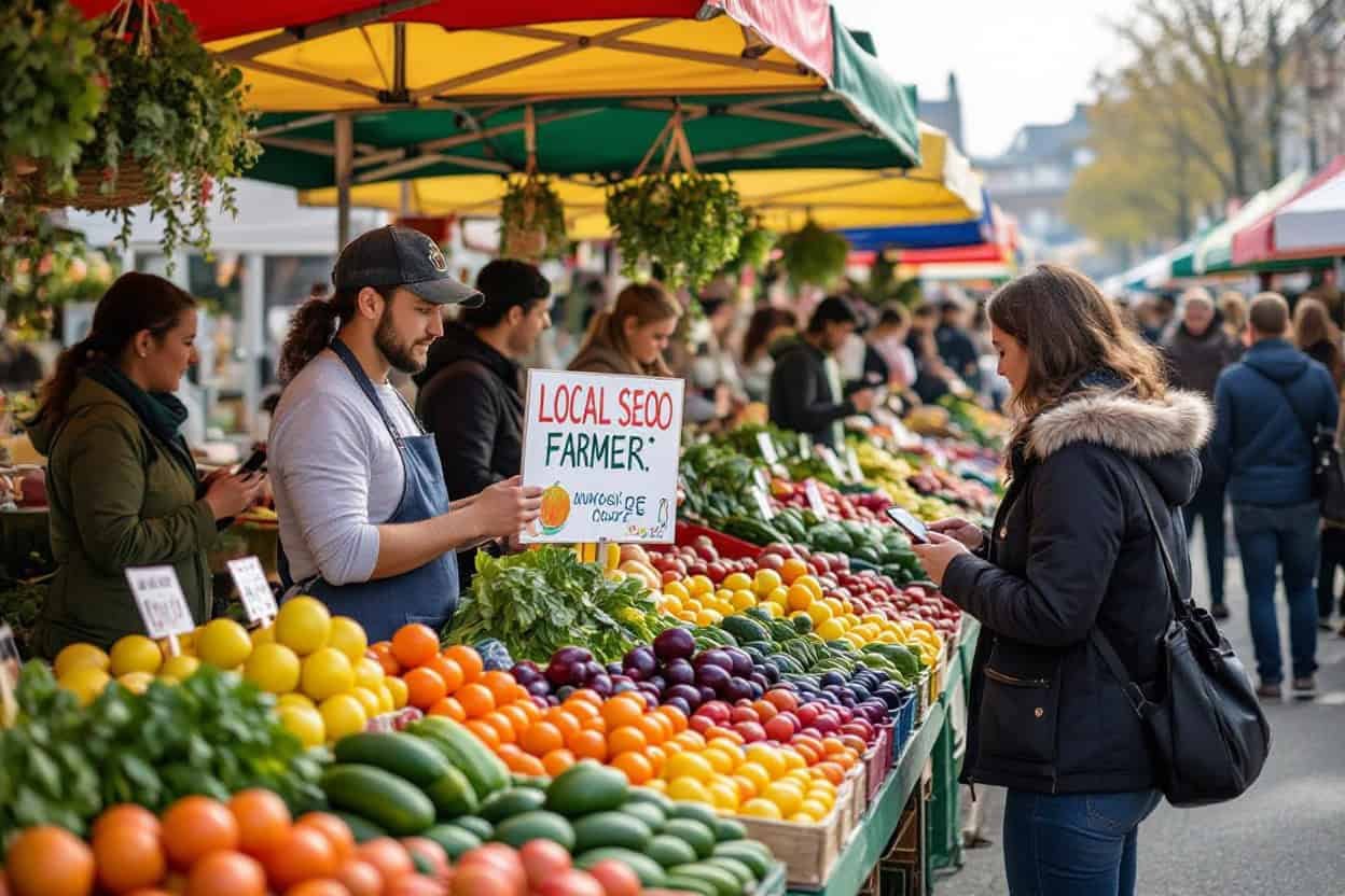 Fresh local produce at farmers market highlighting local seo and ai search optimization strategies for small businesses and food vendors.