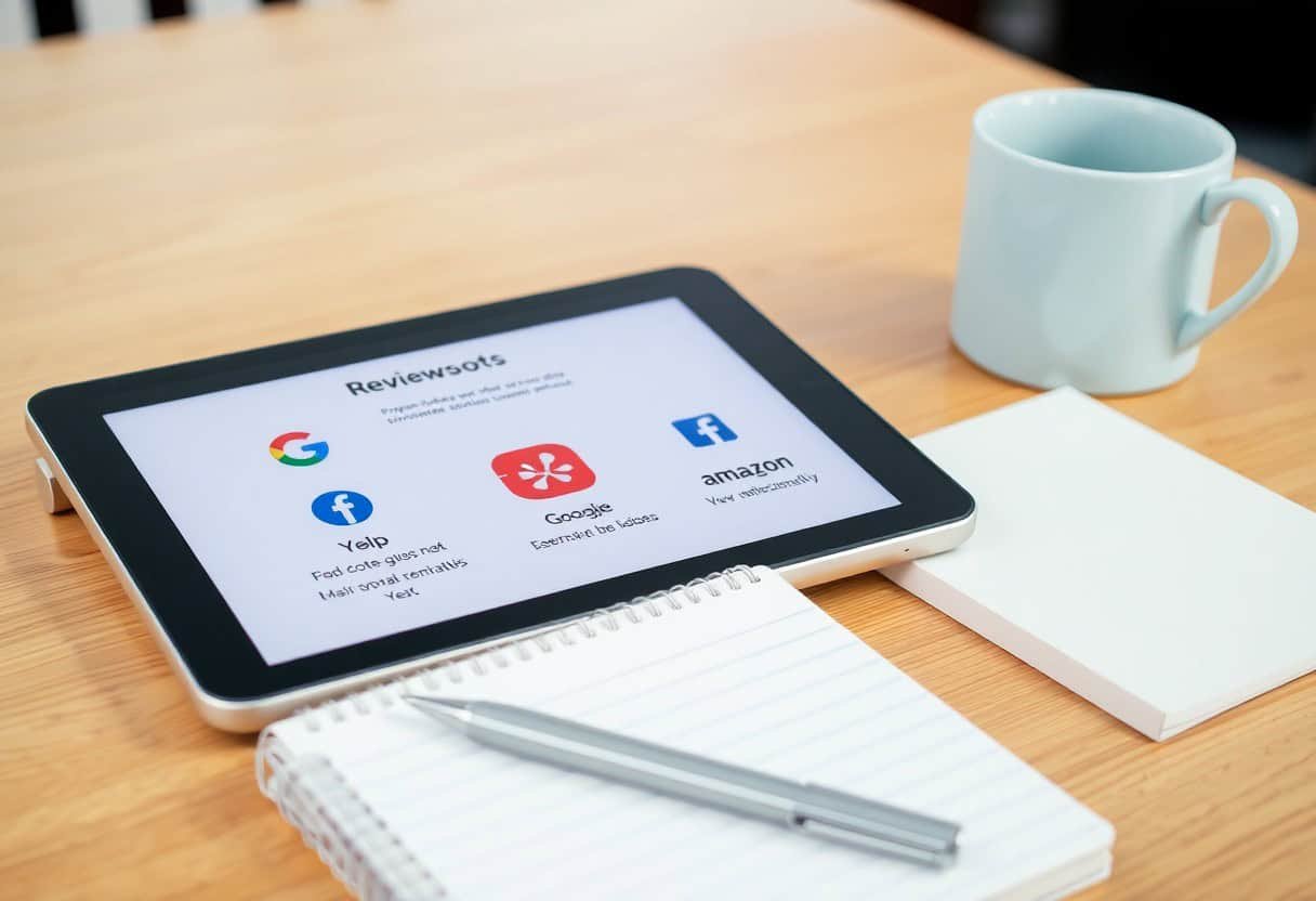 Google, Yelp, Google, Amazon logos displayed on a tablet screen showing local search reviews for SEO and local search optimization.