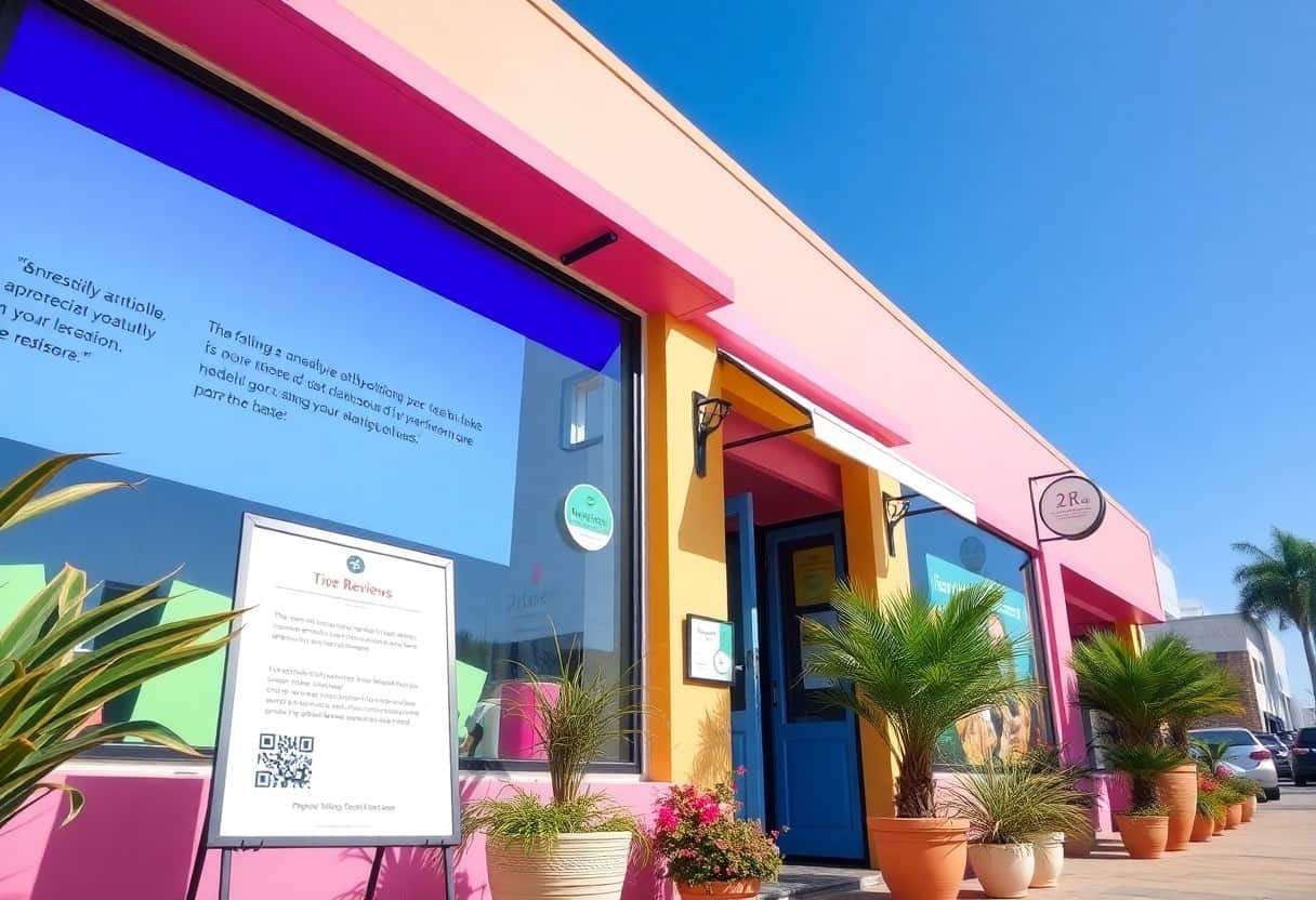 Bright pink and yellow storefront of a local business with vibrant decor, potted palm trees, and clear signage emphasizing local SEO and AI-driven search optimization.
