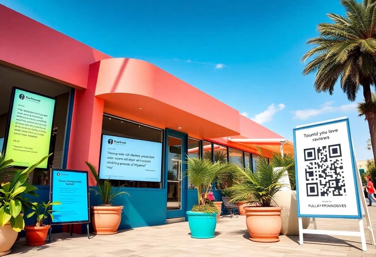 Colorful modern building with digital screens and QR code sign, surrounded by potted plants, reflecting innovative local SEO and AI search optimization strategies.