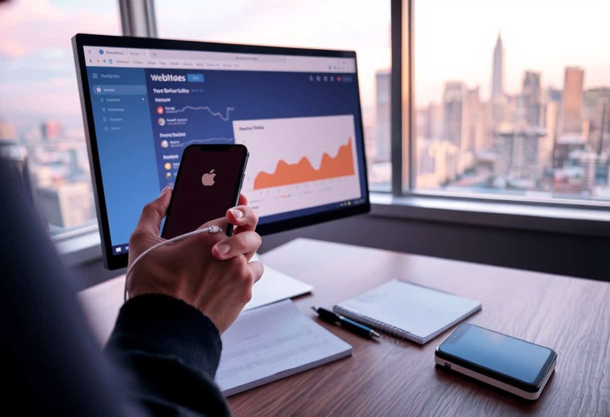 A person holds an iPhone in front of a desk with a computer monitor displaying website analytics, highlighting local SEO and AI search optimization. Notebooks, a closed laptop, and large windows with a city skyline complete the scene.