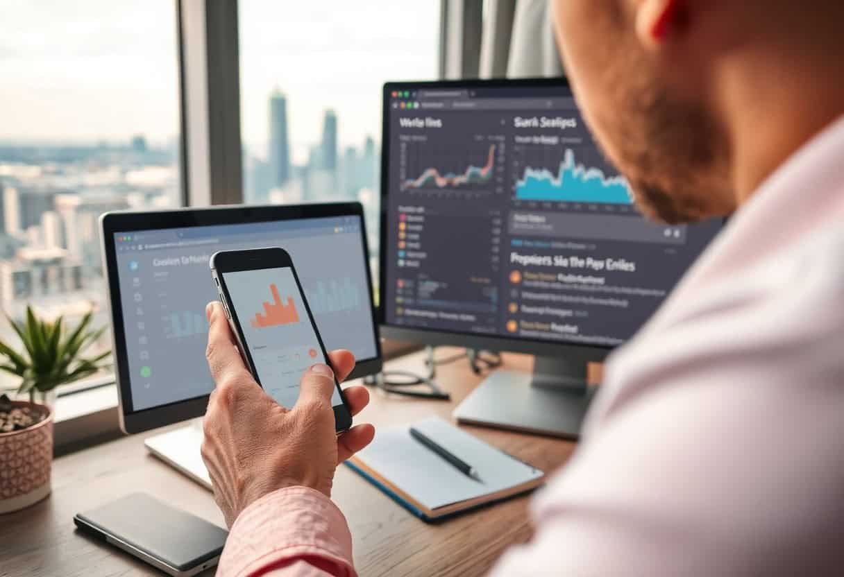 A person in business attire reviews financial charts on a smartphone, with a laptop, desktop monitor, and notepad displaying analytics and graphs related to local SEO and AI search optimization in an office overlooking a city skyline.