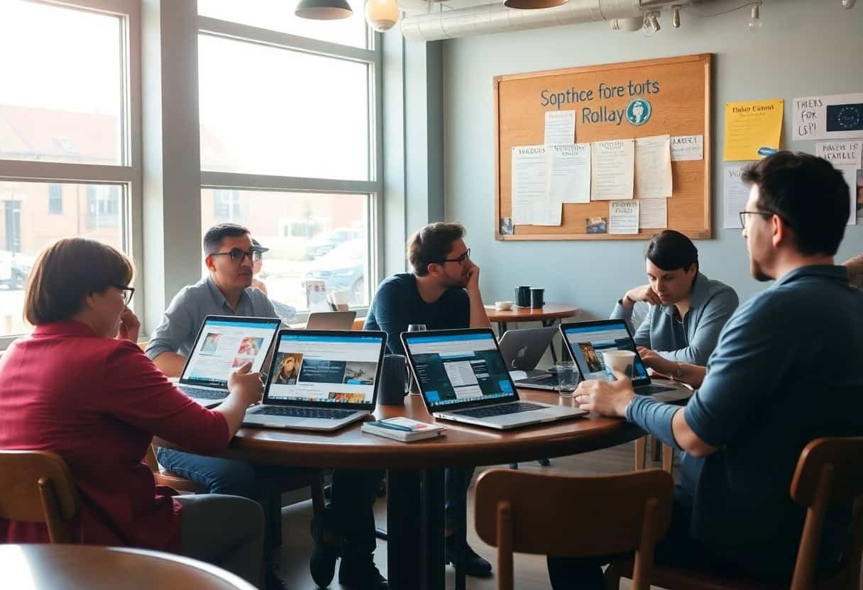 Five people sit around a round table in a modern office, each working on laptops. Sunlight streams through large windows as they discuss local SEO and AI search optimization, with a bulletin board full of notes and posters on the back wall.