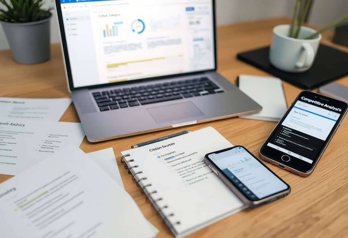 A desk with a laptop displaying graphs, a smartphone and tablet showing analysis data, printed documents, a notepad, and a white mug—an ideal workspace for business or marketing analysis focused on local SEO and AI search optimization.