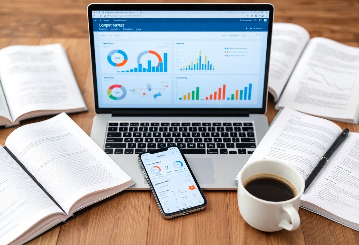 A laptop displaying colorful charts, a smartphone with graphs, open books, and a cup of coffee are arranged on a wooden desk, suggesting a study or work session focused on local SEO and AI search optimization.