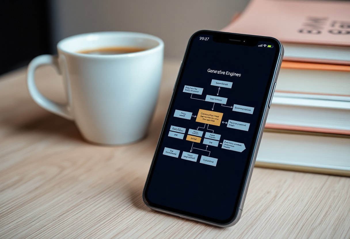 A smartphone displaying a flowchart titled Generalize Engineers rests against stacked books on a wooden table, next to a white cup filled with coffee—highlighting concepts like local SEO and AI search optimization.