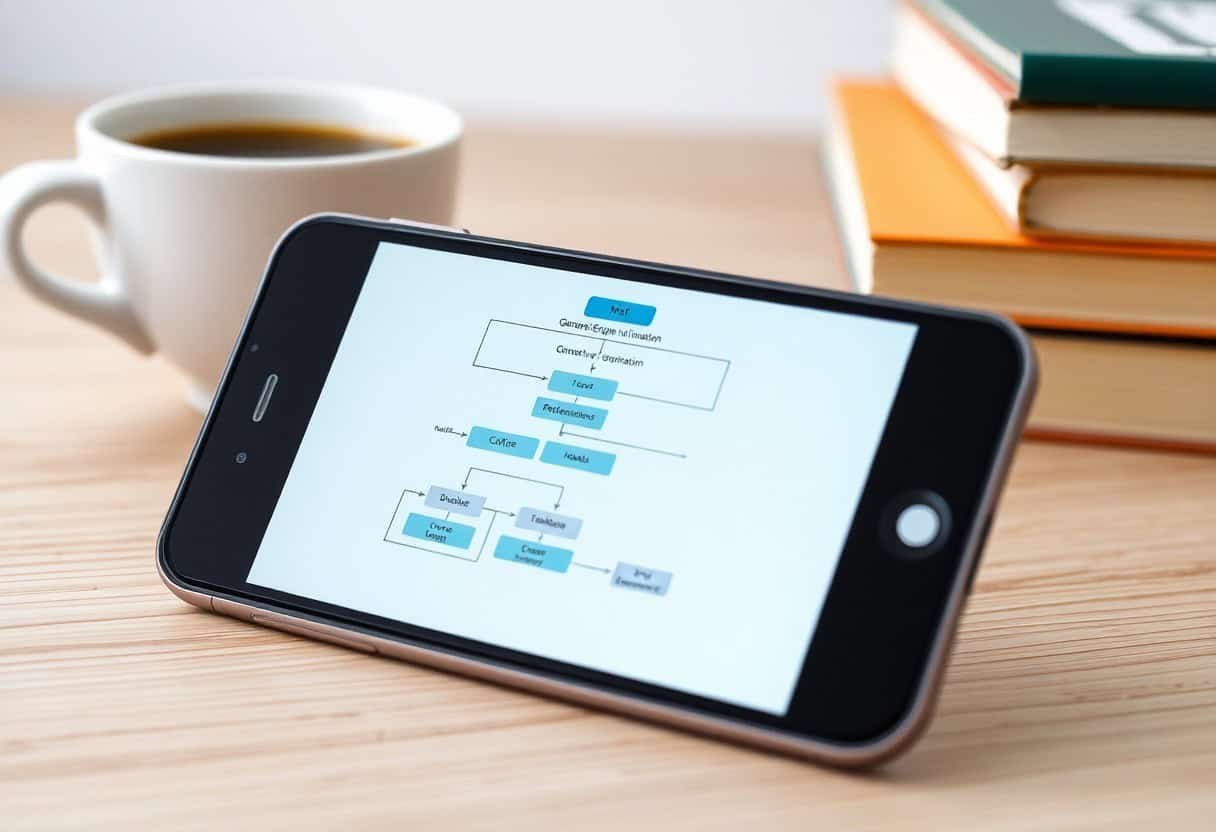 A smartphone displaying a flowchart for local SEO and AI search optimization lies on a wooden desk next to a cup of coffee and stacked books. The phone screen features blue and white boxes connected by lines.