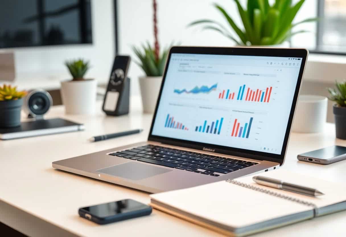 A laptop displaying colorful charts and graphs sits on a white desk with a notebook, pen, smartphone, and potted plants, reflecting a modern workspace focused on local SEO and AI search optimization.