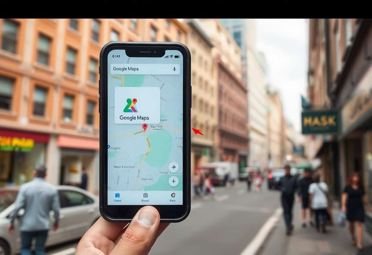 A person holds a smartphone displaying Google Maps on a busy city street, highlighting how local SEO and AI search optimization help people find nearby storefronts amid tall buildings and bustling sidewalks.