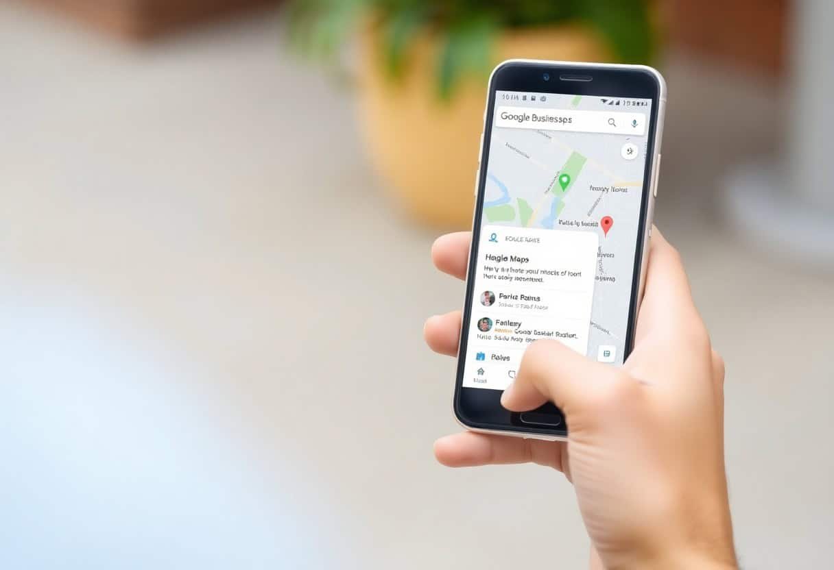 A person holds a smartphone displaying Google Maps with a search result for nearby businesses, illustrating the impact of local SEO and AI search optimization. The background is blurred, focusing attention on the phone screen.