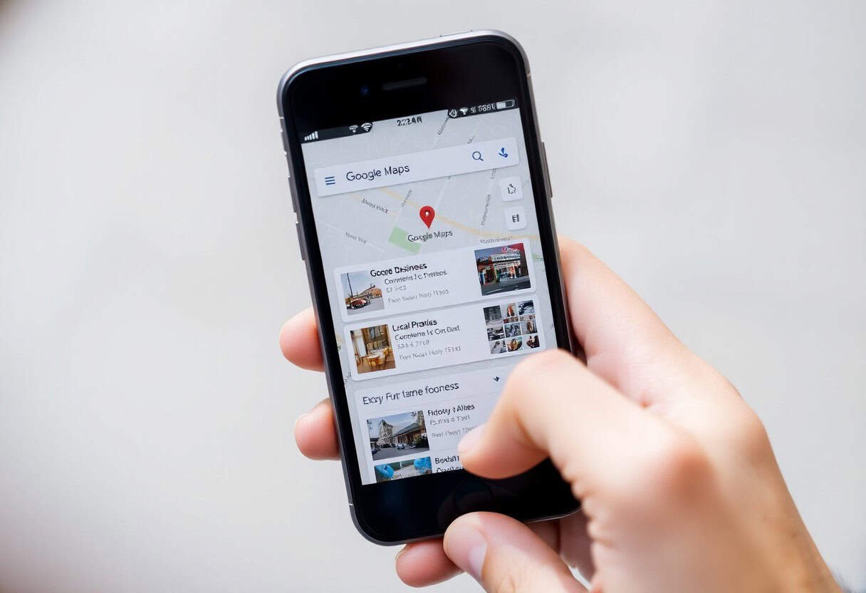 A hand holds a smartphone displaying Google Maps, highlighting local business listings and a map with a red location pin—perfect for showcasing local SEO and AI search optimization strategies.