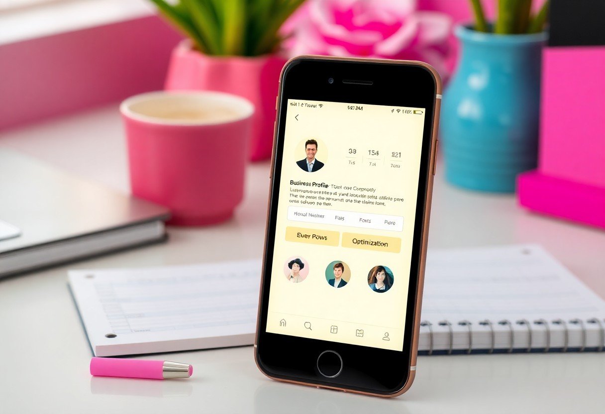 A smartphone displays a business profile app—complete with team members and user stats—on a desk with notebooks, a pink pen, colorful mugs, and flowerpots. The screen highlights local SEO and AI search optimization features.