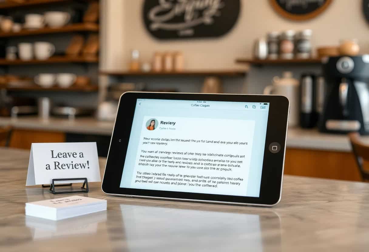 A tablet on a coffee shop counter displays a customer review, highlighting the power of local SEO. Next to it, a sign reads Leave a Review! with small cards. Coffee shop decor, shelves, and equipment appear in the blurred background.