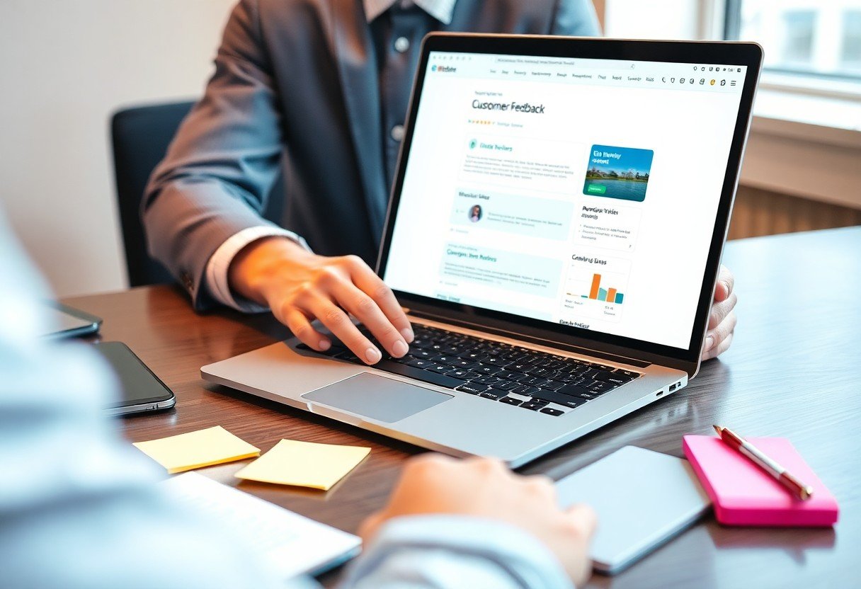 Two people in business attire sit at a desk with a laptop displaying an AI search optimization dashboard for customer feedback. Colorful sticky notes, a pen, and a notebook lie nearby as natural light streams through the window.