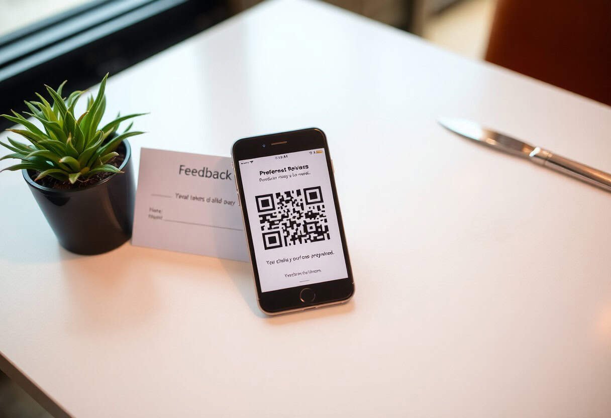 A smartphone displaying a QR code for feedback stands on a white table next to a small potted plant, a feedback card, a knife, and a fork—highlighting how local SEO and AI search optimization can enhance customer engagement.