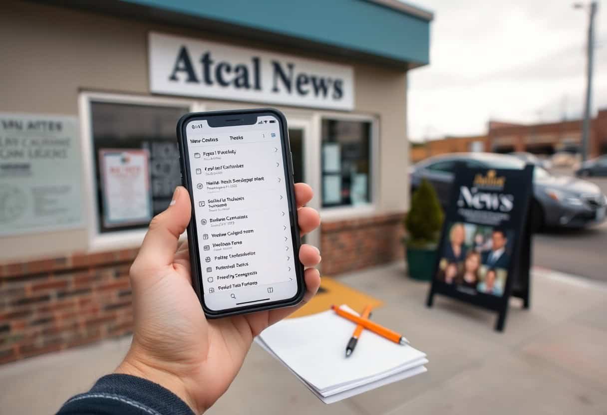 A person holds a smartphone showing trending news topics outside a building labeled Atcal News. A notepad and pen are on the table, highlighting Atcal’s focus on local SEO and AI search optimization in today’s fast-paced media world.