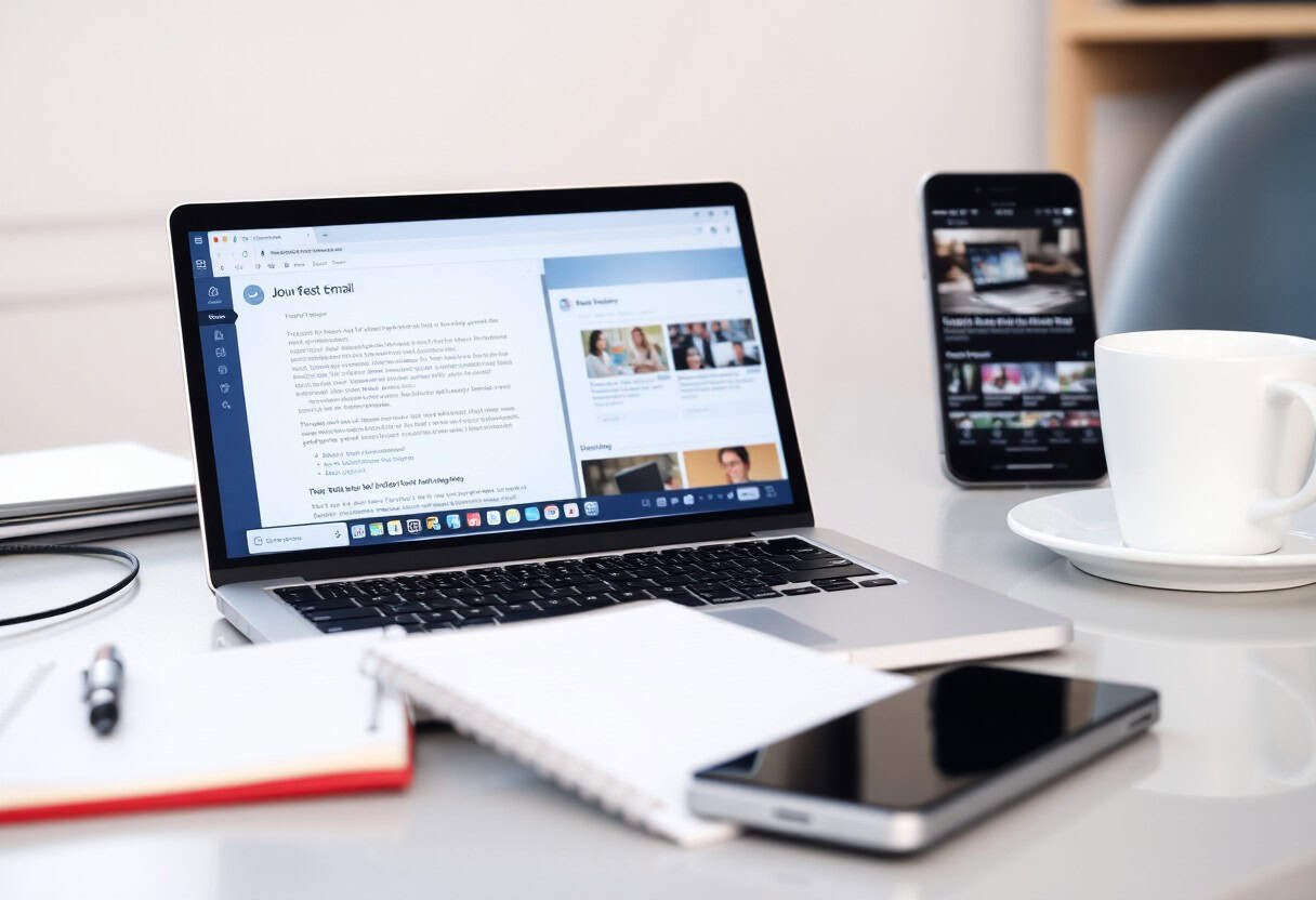 A laptop displaying email and news websites sits on a desk alongside a smartphone, tablet, notepad with pen, and coffee cup. The organized workspace is ideal for tasks like local SEO research or exploring the future of AI search optimization.
