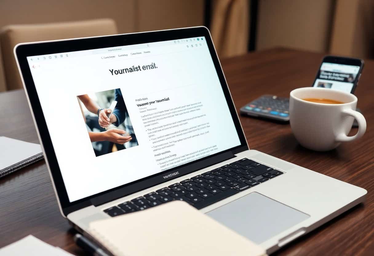 A laptop on a desk displays an email on its screen. Nearby are a notebook, coffee, smartphone, and calculator—perfect for managing tasks like local SEO and AI search optimization in a productive workspace setting.