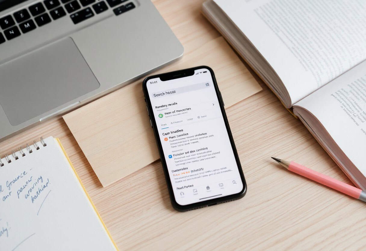 A smartphone displaying local SEO and AI search results rests on a wooden desk with an open notebook, a pink pencil, an open book, and part of a laptop in view.