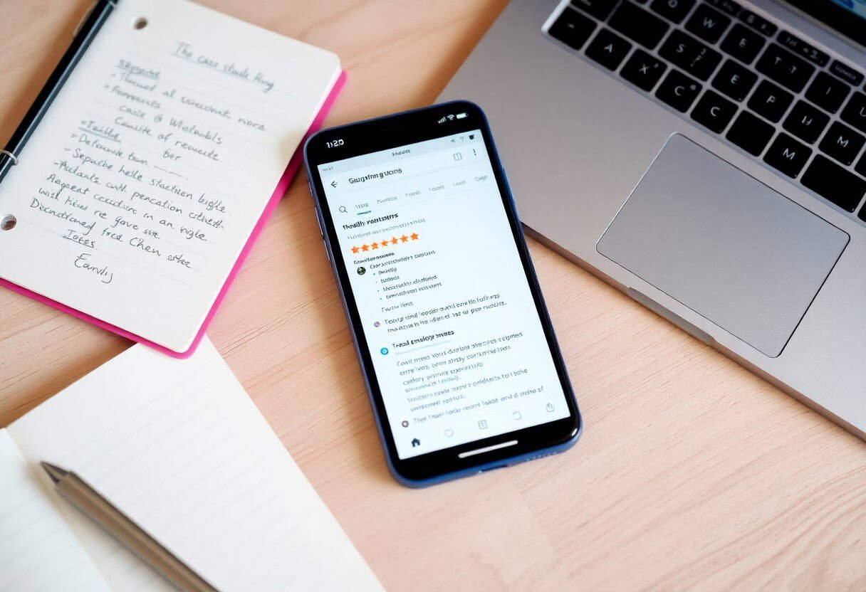 A smartphone displaying a Google search results page lies on a desk beside an open laptop, a notebook with handwritten notes, and a blank notepad—perfect for brainstorming local SEO strategies or exploring AI search optimization.