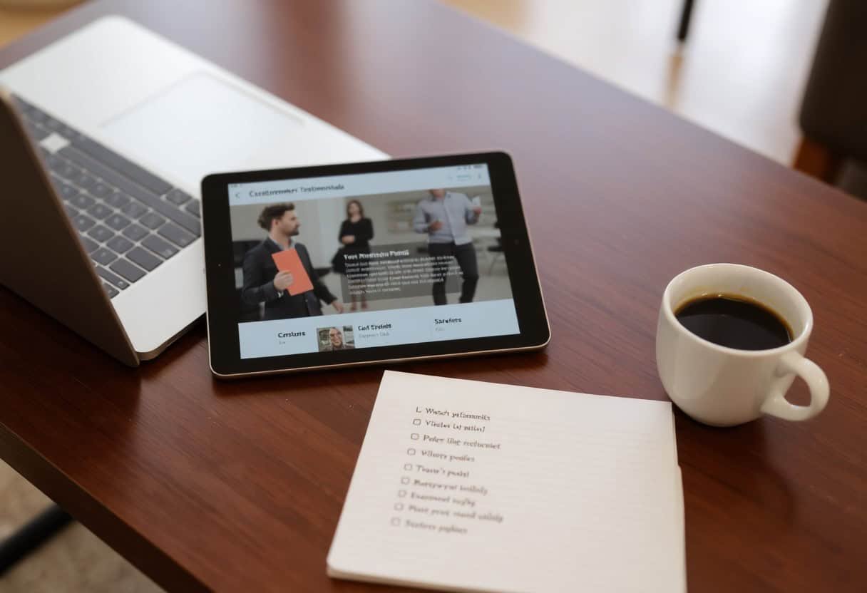 A tablet displaying a local SEO webpage, a laptop, cup of coffee, and a notepad with task checklists sit on a wooden table—perfect for planning your next AI search optimization strategy.