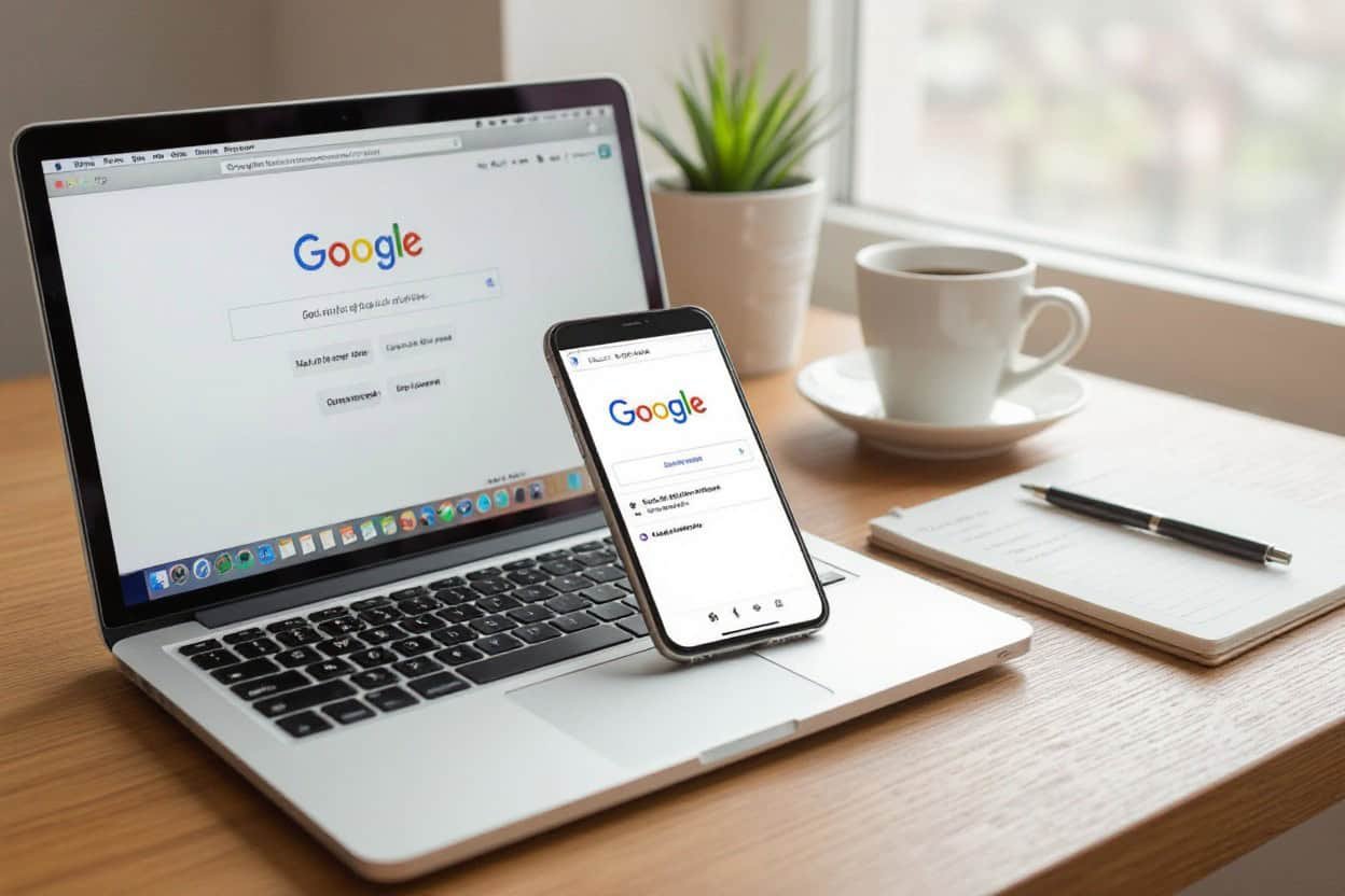 Google search on laptop and smartphone showcasing local SEO and AI search optimization strategies.