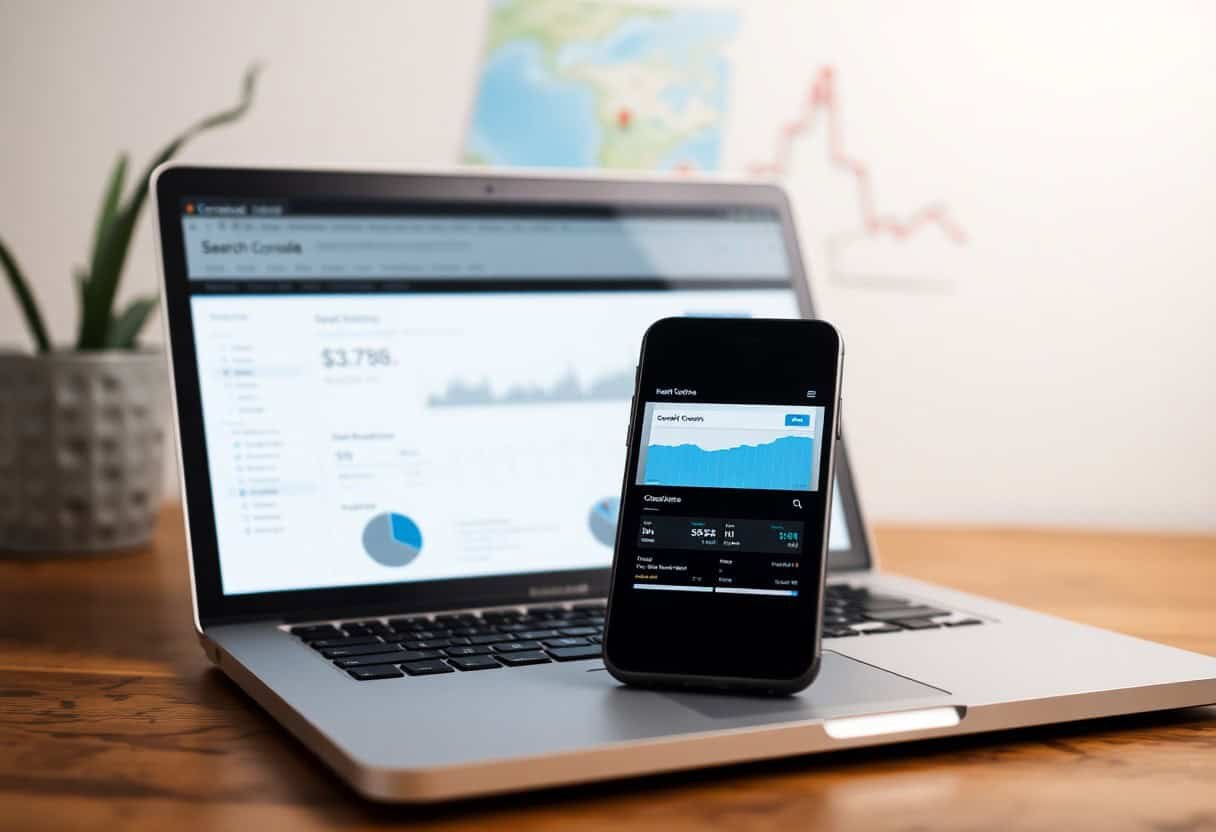A smartphone displaying analytics data is propped on a laptop keyboard. The laptop screen shows a dashboard with graphs and statistics, highlighting local SEO and AI search optimization. A blurred map and potted plant sit on the wooden desk in the background.