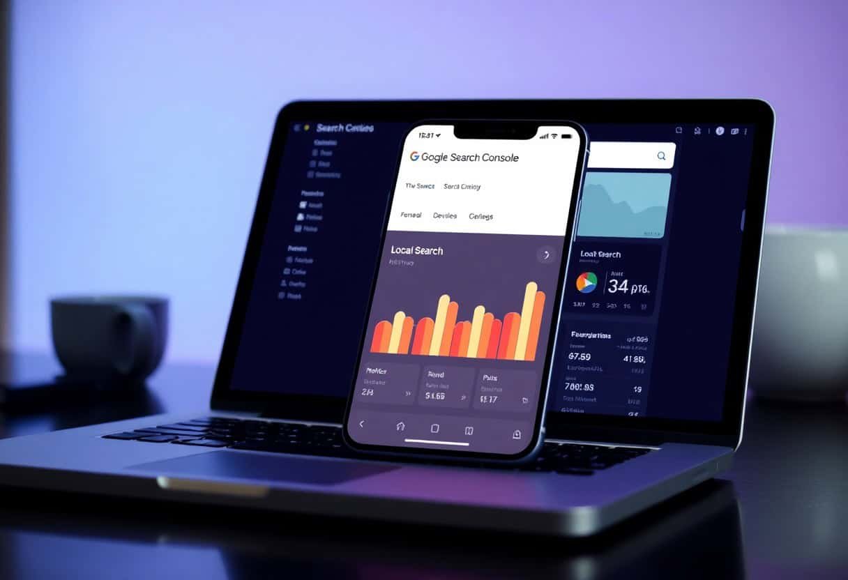 A smartphone displaying colorful analytics graphs leans against an open laptop with data dashboards, highlighting the impact of local SEO and AI search optimization. The desk features a blurred cup in the background amid a purple-lit ambiance.