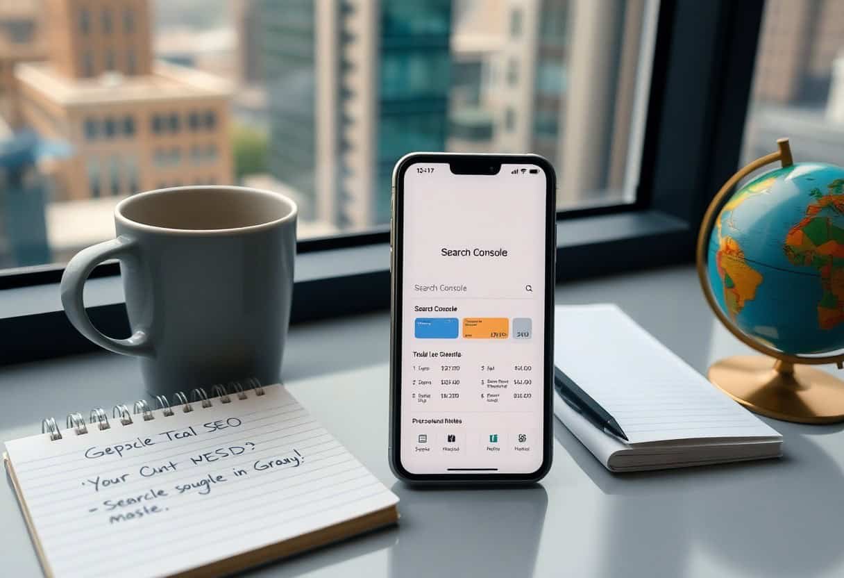 A smartphone displaying Google Search Console sits on a desk beside a coffee mug, small globe, and handwritten notes—setting the scene for mastering local SEO and AI search optimization with city buildings visible through the window.