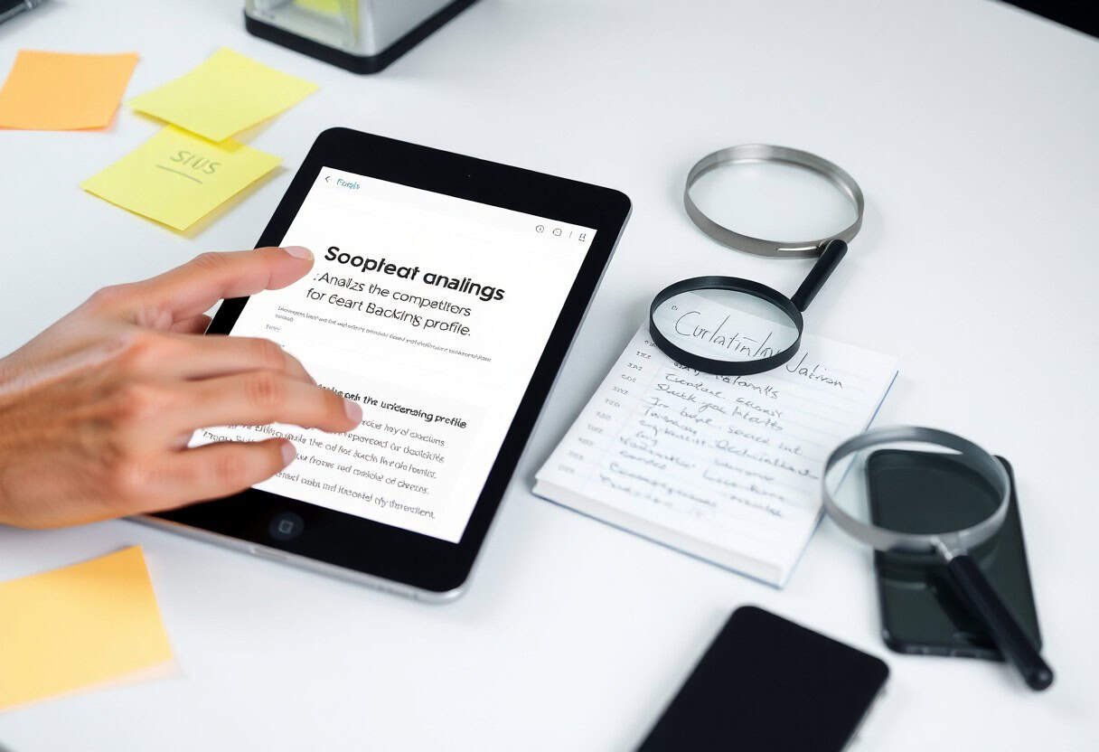 A person uses a tablet displaying a document. Nearby on the desk are handwritten notes, magnifying glasses, eyeglasses, and sticky notes—tools for research or analysis work, possibly focused on local SEO and AI search optimization strategies.